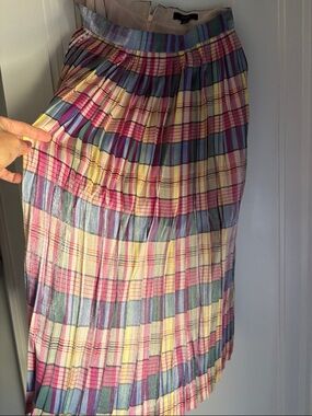 J. Crew Pleated Plaid Midi Skirt in Pink, Blue, Yellow & Cream